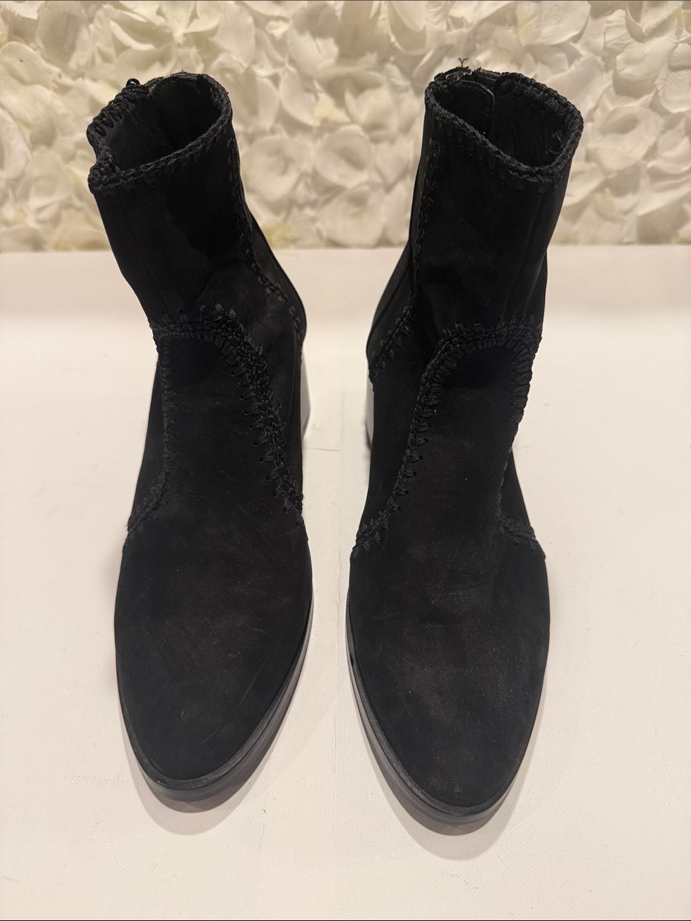Chelsea & Violet Black Suede Ankle Booties with Whipstitch Trim